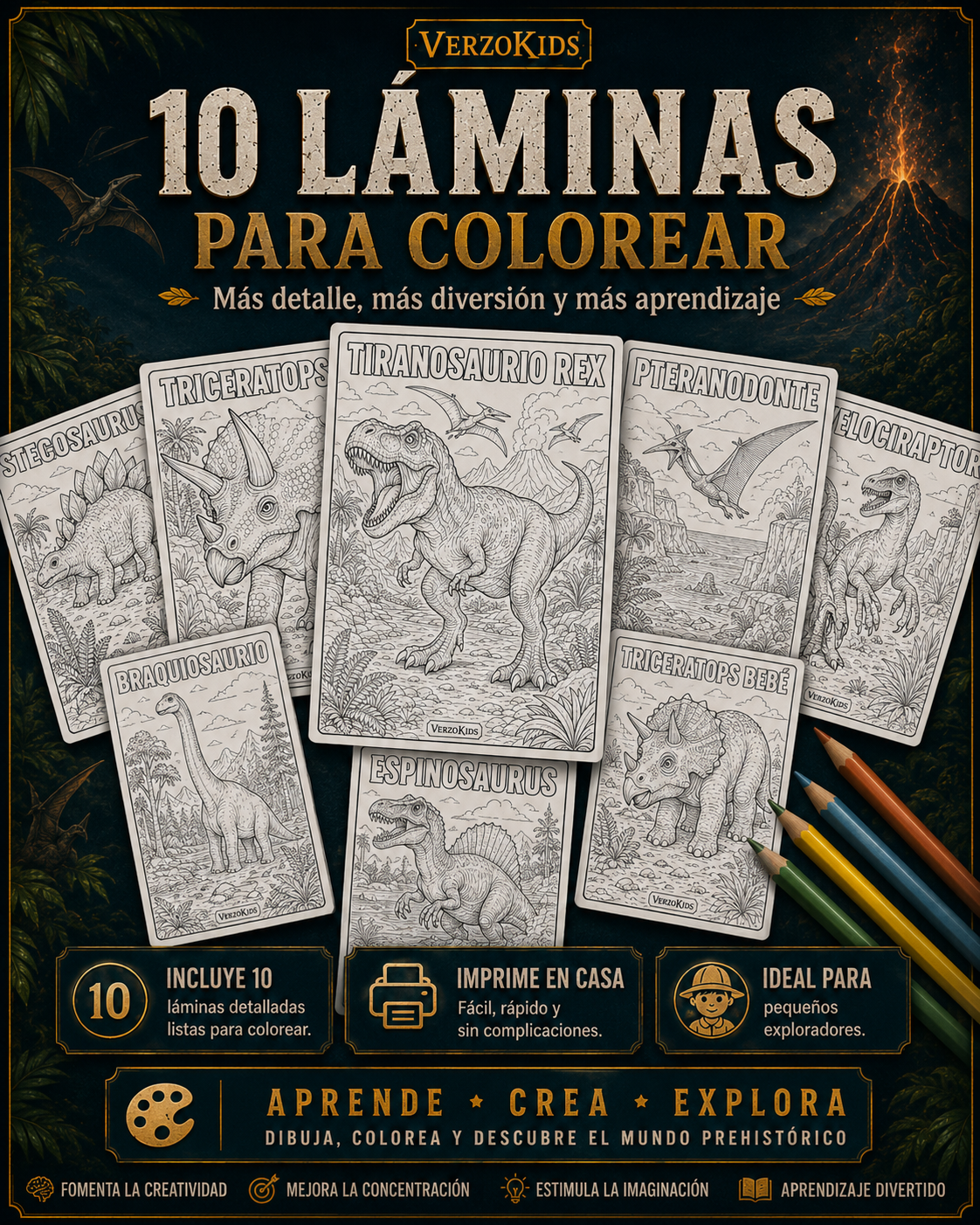 🦖 Dinosaurios y Prehistoria: 50 Fichas Educativas + 10 Láminas para Colorear 🎨