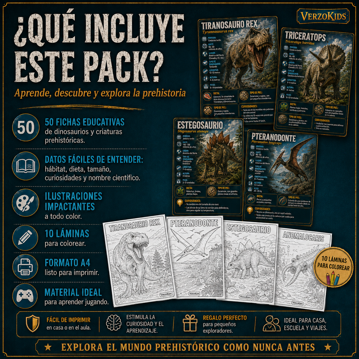 🦖 Dinosaurios y Prehistoria: 50 Fichas Educativas + 10 Láminas para Colorear 🎨