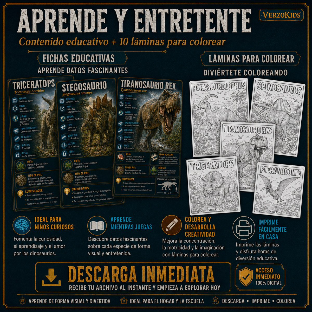 🦖 Dinosaurios y Prehistoria: 50 Fichas Educativas + 10 Láminas para Colorear 🎨