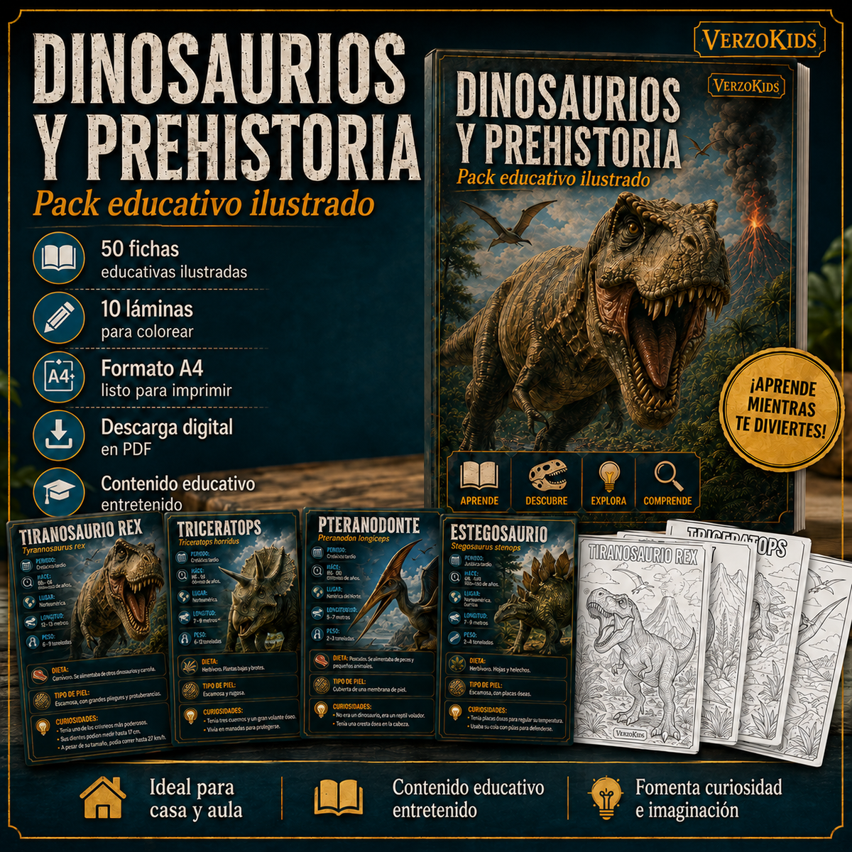 🦖 Dinosaurios y Prehistoria: 50 Fichas Educativas + 10 Láminas para Colorear 🎨